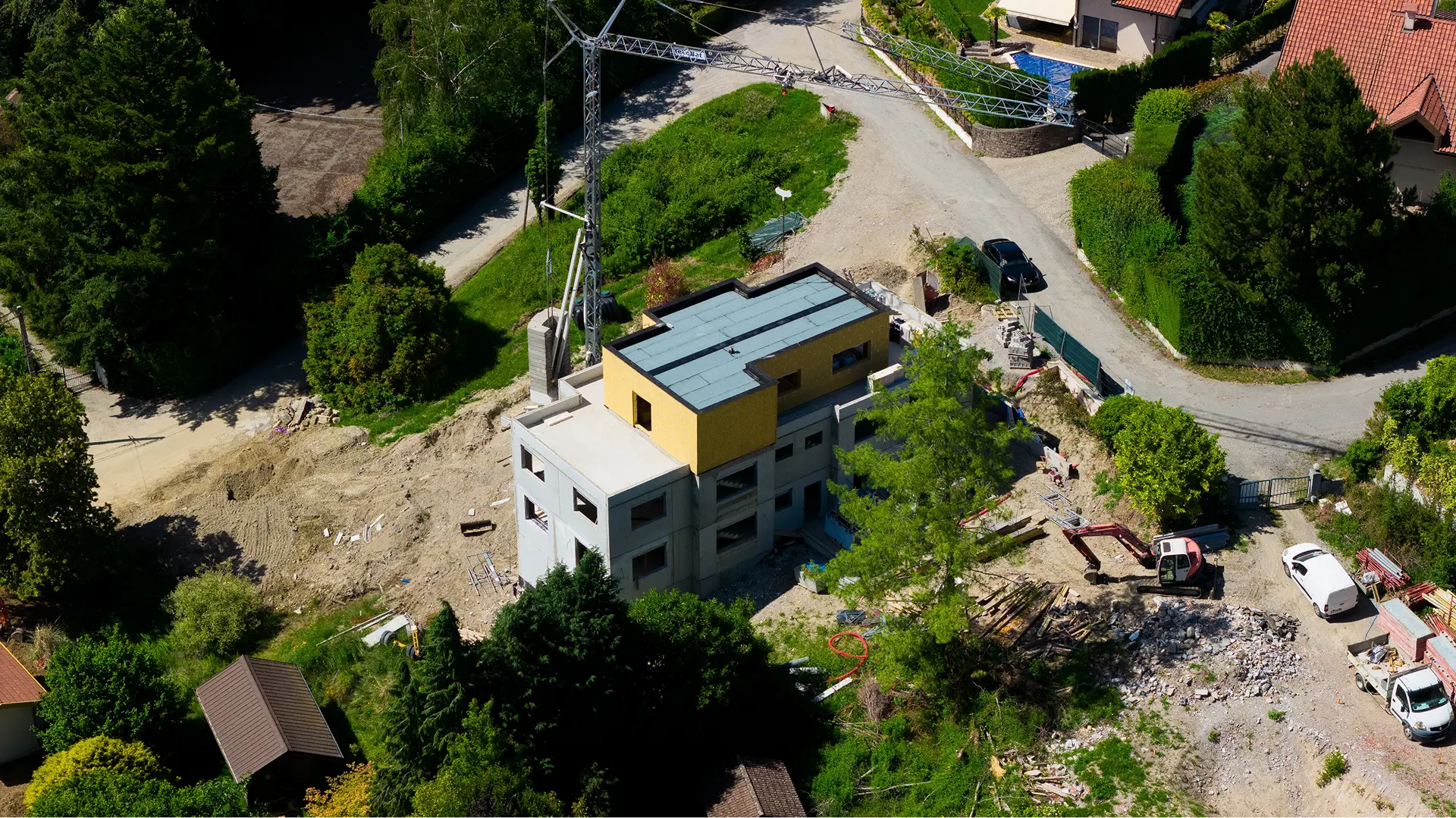 Structure ossature bois vue du ciel, chantier de Chens-sur-Léman, Haute-Savoie
