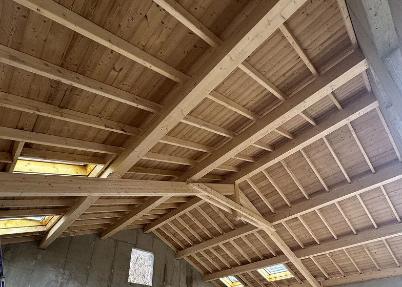 Structure charpente bois, extension maison alpine